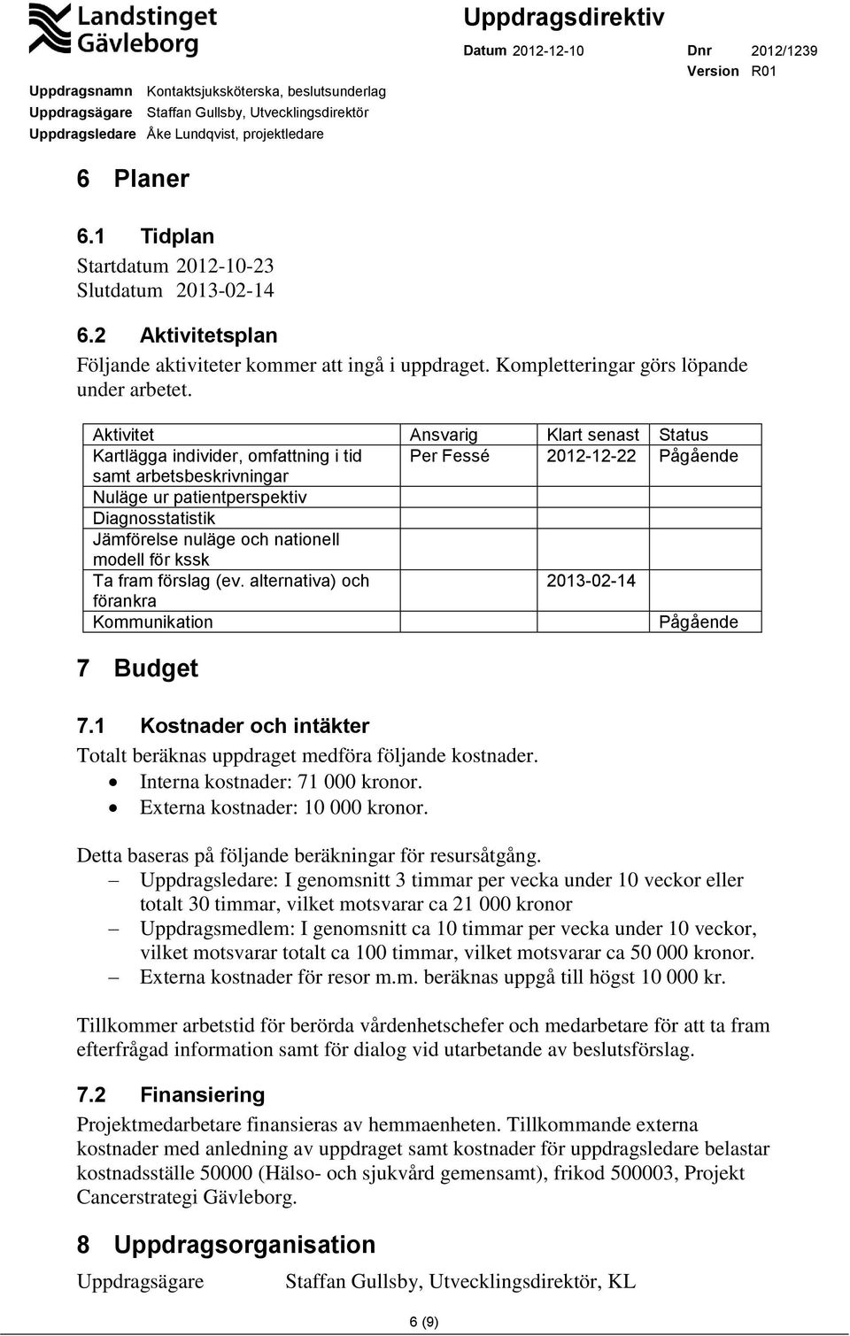 nationell modell för kssk Ta fram förslag (ev. alternativa) och 2013-02-14 förankra Kommunikation Pågående 7 Budget 7.1 Kostnader och intäkter Totalt beräknas uppdraget medföra följande kostnader.