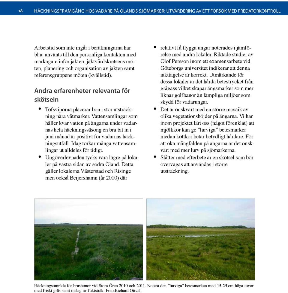 Andra erfarenheter relevanta för skötseln Tofsviporna placerar bon i stor utsträckning nära våtmarker.