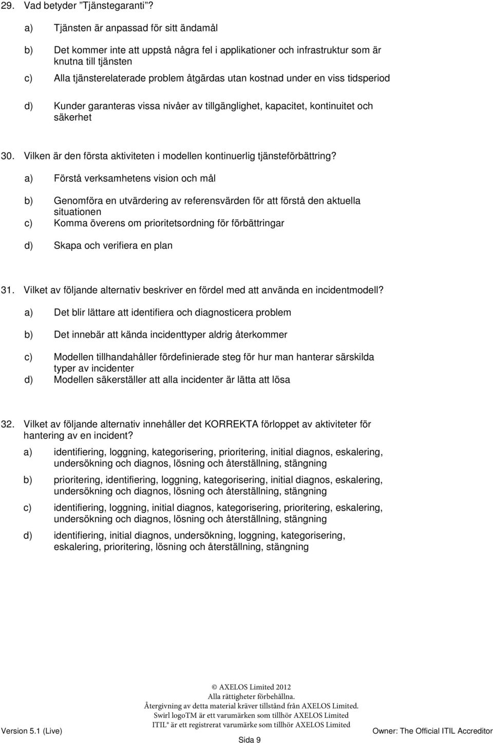 under en viss tidsperiod d) Kunder garanteras vissa nivåer av tillgänglighet, kapacitet, kontinuitet och säkerhet 30. Vilken är den första aktiviteten i modellen kontinuerlig tjänsteförbättring?