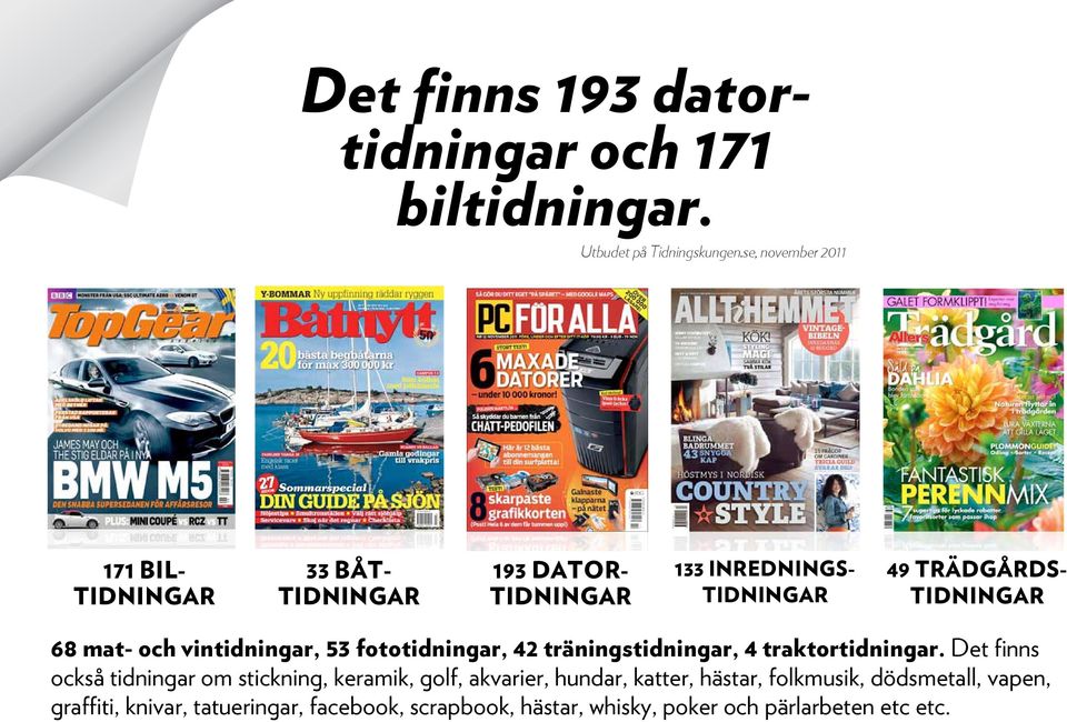 och vintidningar, 53 fototidningar, 42 träningstidningar, 4 traktortidningar.