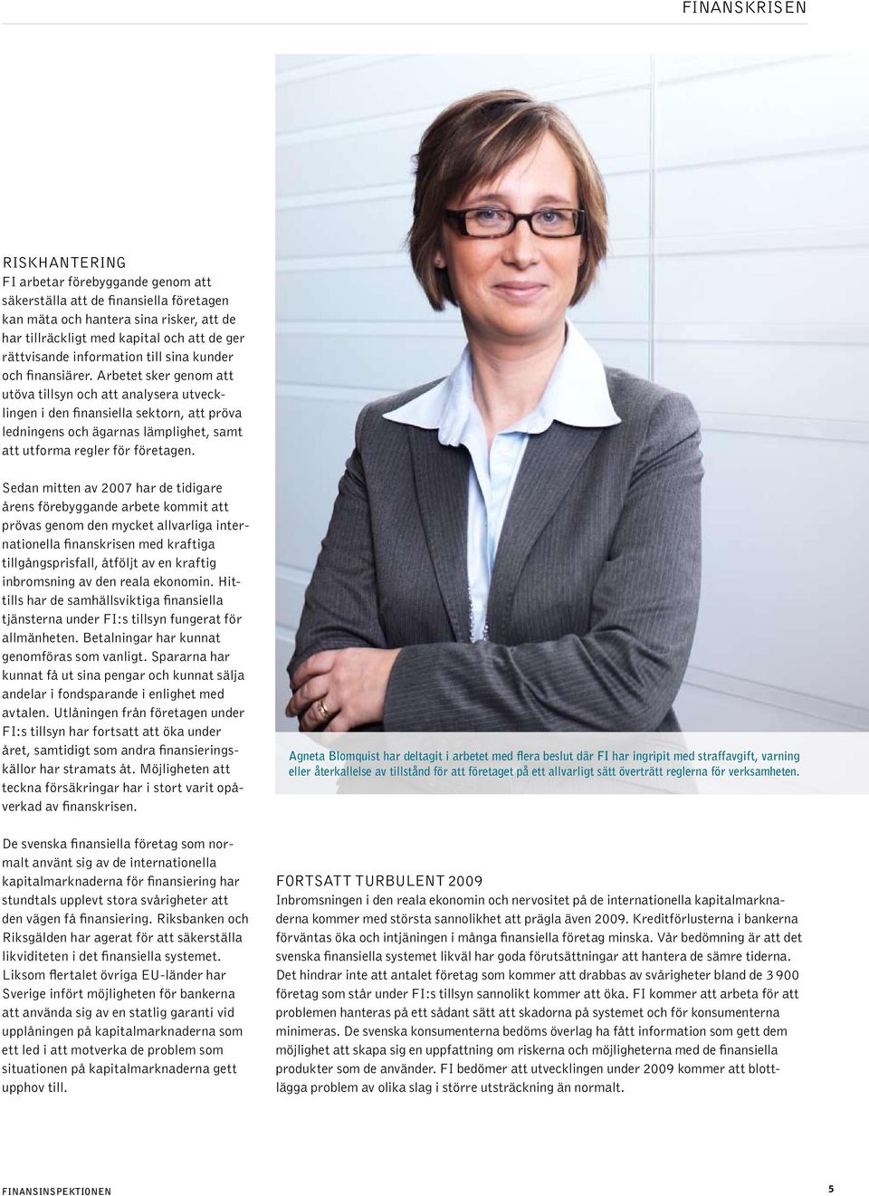 Arbetet sker genom att utöva tillsyn och att analysera utvecklingen i den finansiella sektorn, att pröva ledningens och ägarnas lämplighet, samt att utforma regler för företagen.