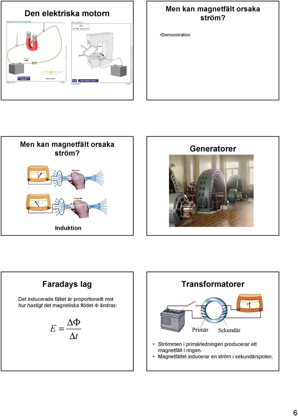 Generatorer Induktion Faradays lag Transformatorer Det inducerade fältet är proportionellt mot