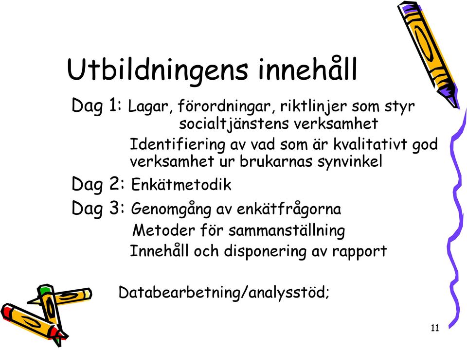 verksamhet ur brukarnas synvinkel Dag 2: Enkätmetodik Dag 3: Genomgång av