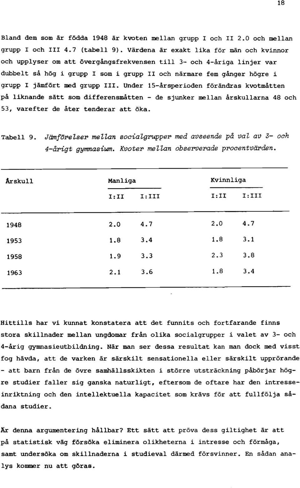 med grupp III. Under 15årsperioden förändras kvotmåtten på liknande sätt som differensmåtten de sjunker mellan årskullarna 48 och 53, varefter de åter tenderar att öka. Tabell 9.
