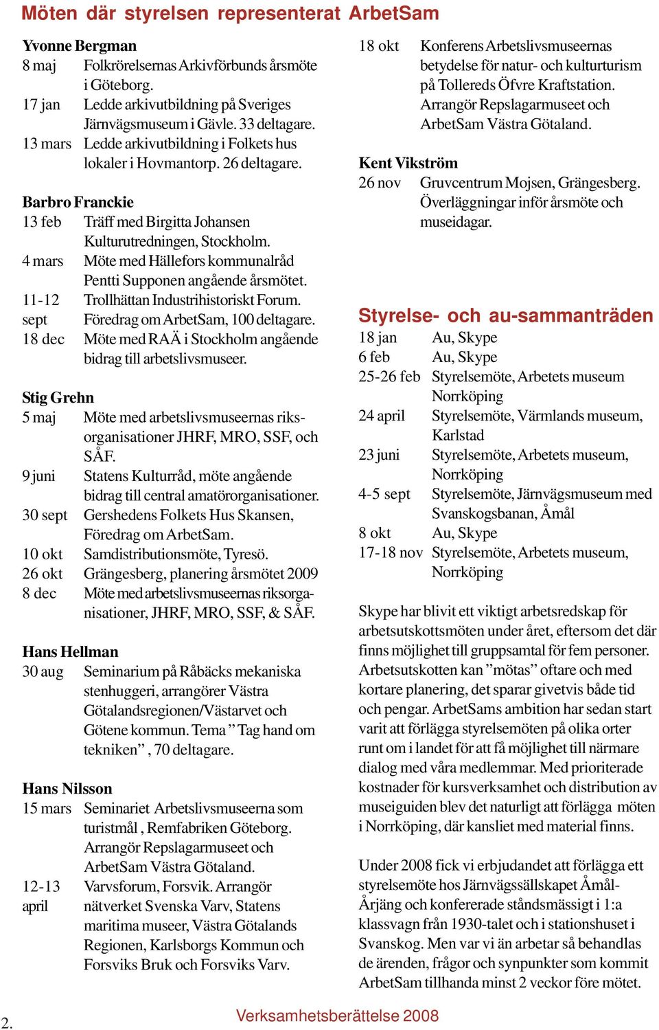 4 mars Möte med Hällefors kommunalråd Pentti Supponen angående årsmötet. 11-12 Trollhättan Industrihistoriskt Forum. sept Föredrag om ArbetSam, 100 deltagare.