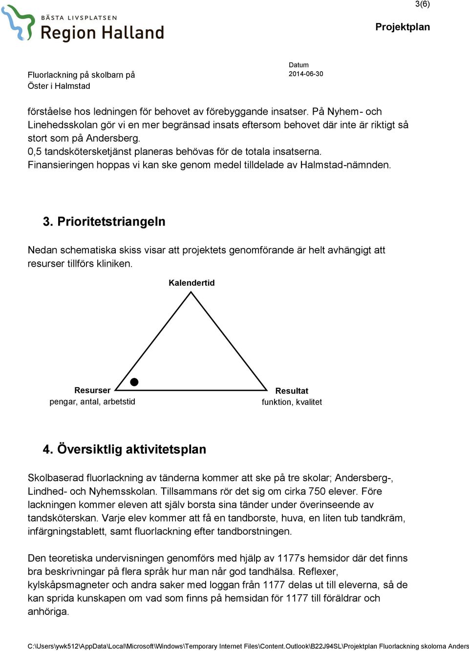 Prioritetstriangeln Nedan schematiska skiss visar att projektets genomförande är helt avhängigt att resurser tillförs kliniken.