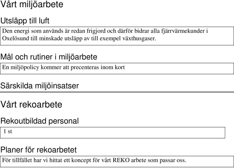 Mål och rutiner i miljöarbete En miljöpolicy kommer att precenteras inom kort Särskilda miljöinsatser Vårt