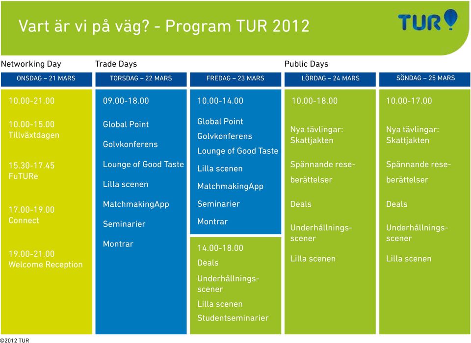 30-17.45 FuTURe Lounge of Good Taste Lilla scenen Lilla scenen MatchmakingApp Spännande reseberättelser Spännande reseberättelser 17.00-19.00 Connect 19.00-21.