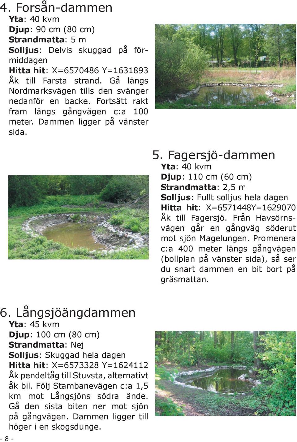 Fagersjö-dammen Yta: 40 kvm Djup: 110 cm (60 cm) Strandmatta: 2,5 m Solljus: Fullt solljus hela dagen Hitta hit: X=6571448Y=1629070 Åk till Fagersjö.