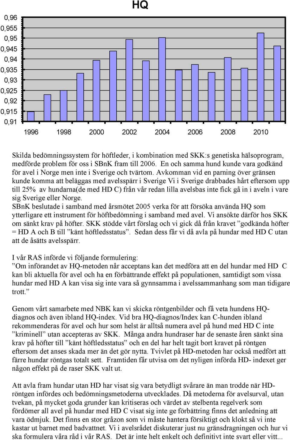 Avkomman vid en parning över gränsen kunde komma att beläggas med avelsspärr i Sverige Vi i Sverige drabbades hårt eftersom upp till 25% av hundarna(de med HD C) från vår redan lilla avelsbas inte