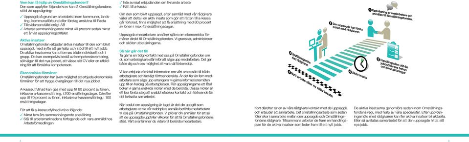 Tillsvidareanställd enligt AB 3 Arbetat sammanhängande minst 40 procent sedan minst ett år vid uppsägningstillfället Aktiva insatser Omställningsfonden erbjuder aktiva insatser till den som blivit