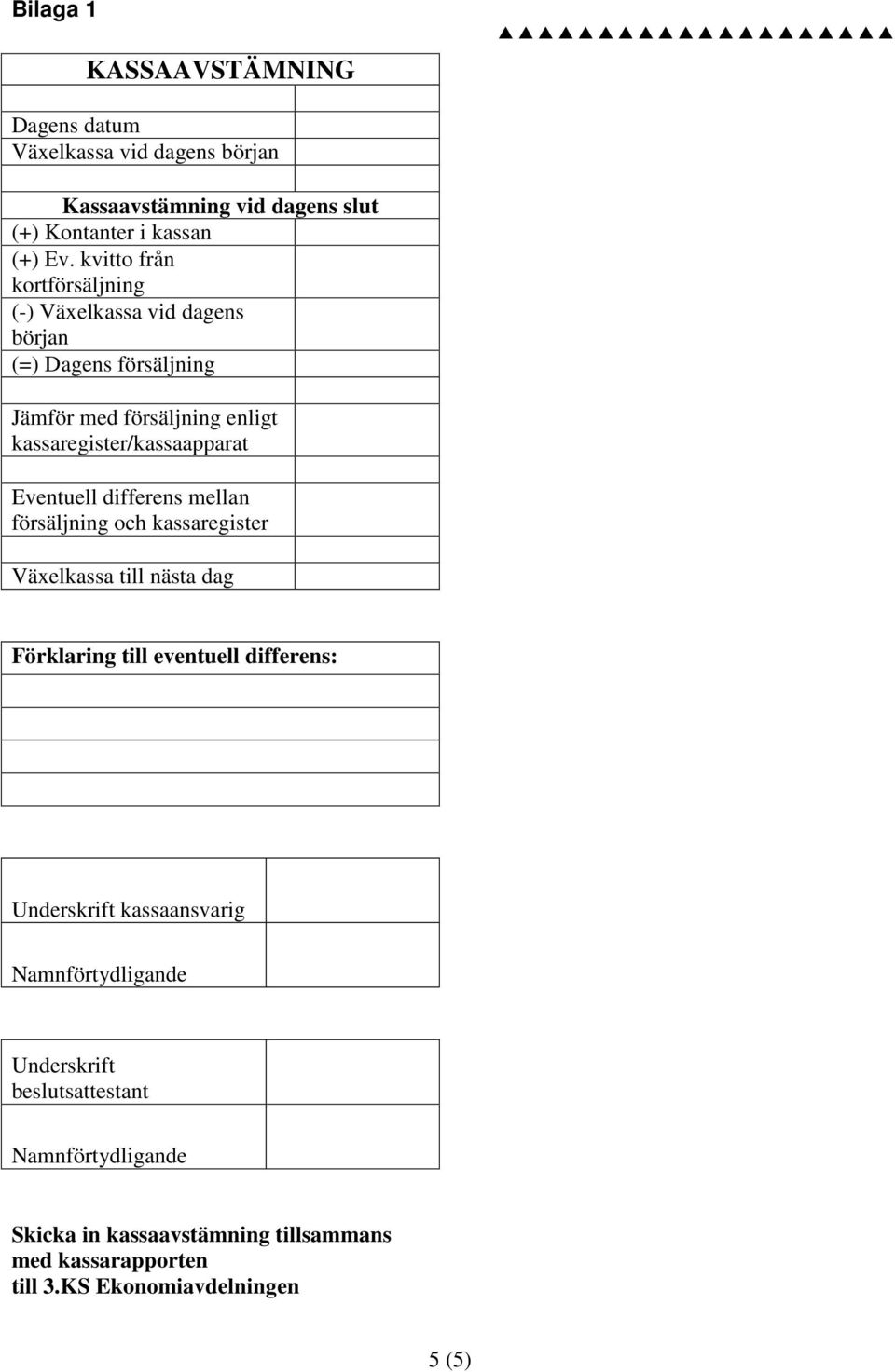 Eventuell differens mellan försäljning och kassaregister Växelkassa till nästa dag Förklaring till eventuell differens: Underskrift