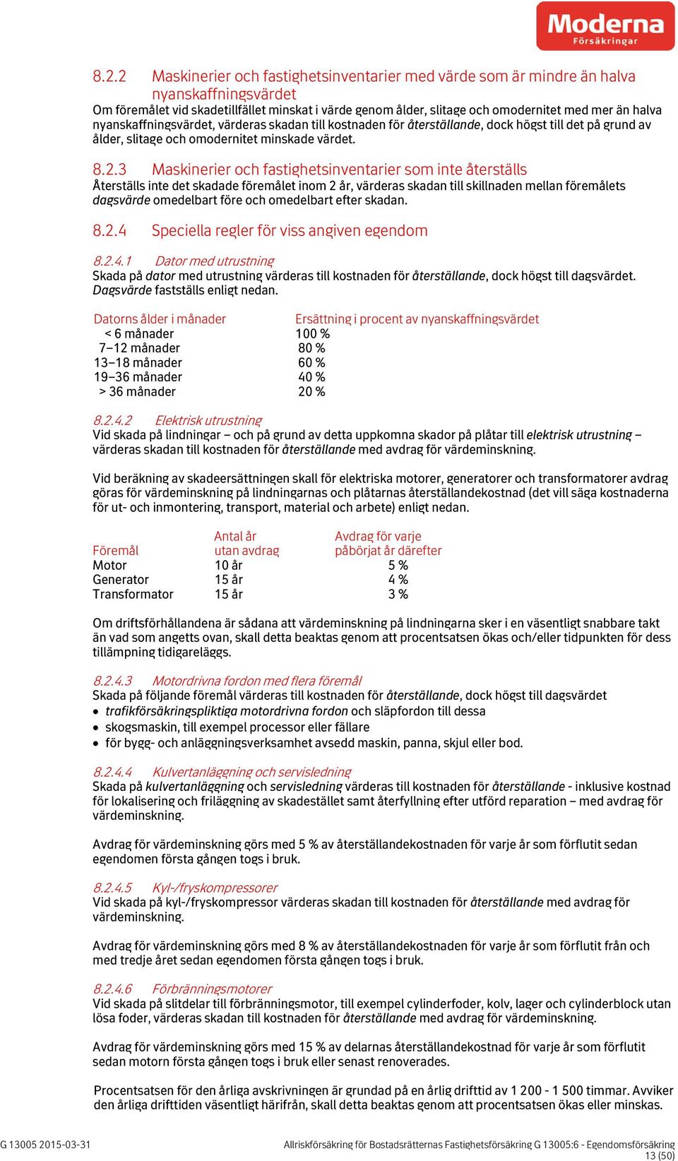 3 Maskinerier och fastighetsinventarier som inte återställs Återställs inte det skadade föremålet inom 2 år, värderas skadan till skillnaden mellan föremålets dagsvärde omedelbart före och omedelbart