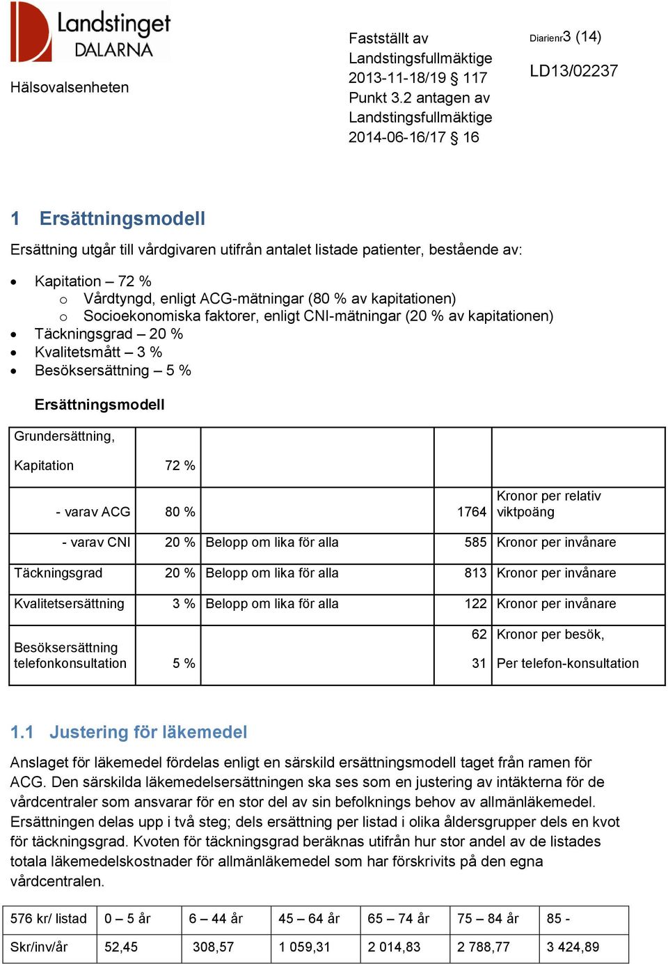 1764 Kronor per relativ viktpoäng - varav CNI 20 % Belopp om lika för alla 585 Kronor per invånare Täckningsgrad 20 % Belopp om lika för alla 813 Kronor per invånare Kvalitetsersättning 3 % Belopp om