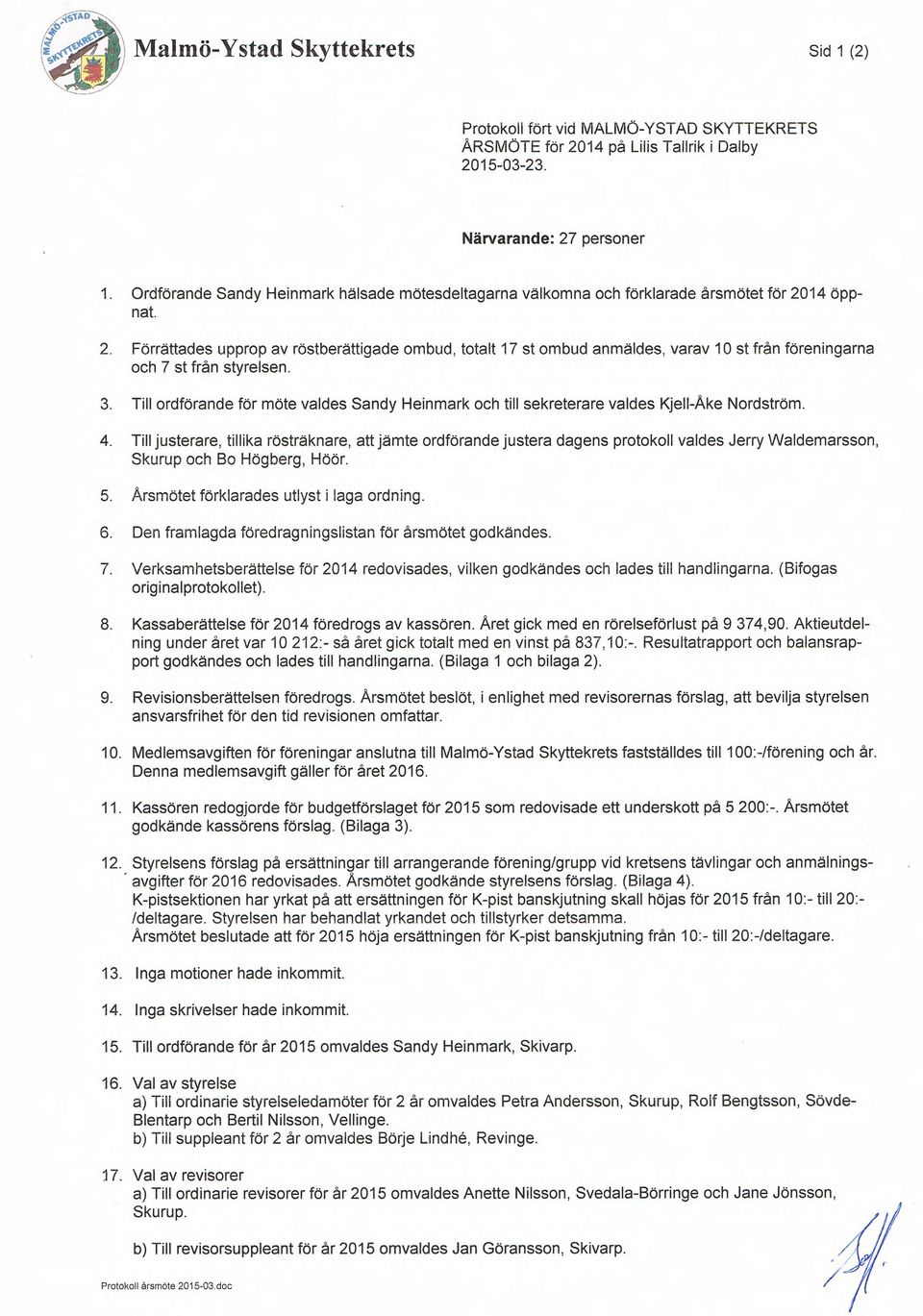 14 öppnat. 2. Förrättades upprop av röstberättigade ombud, totalt 17 st ombud anmäldes, varav 10 st från föreningarna och 7 st från styrelsen. 3.