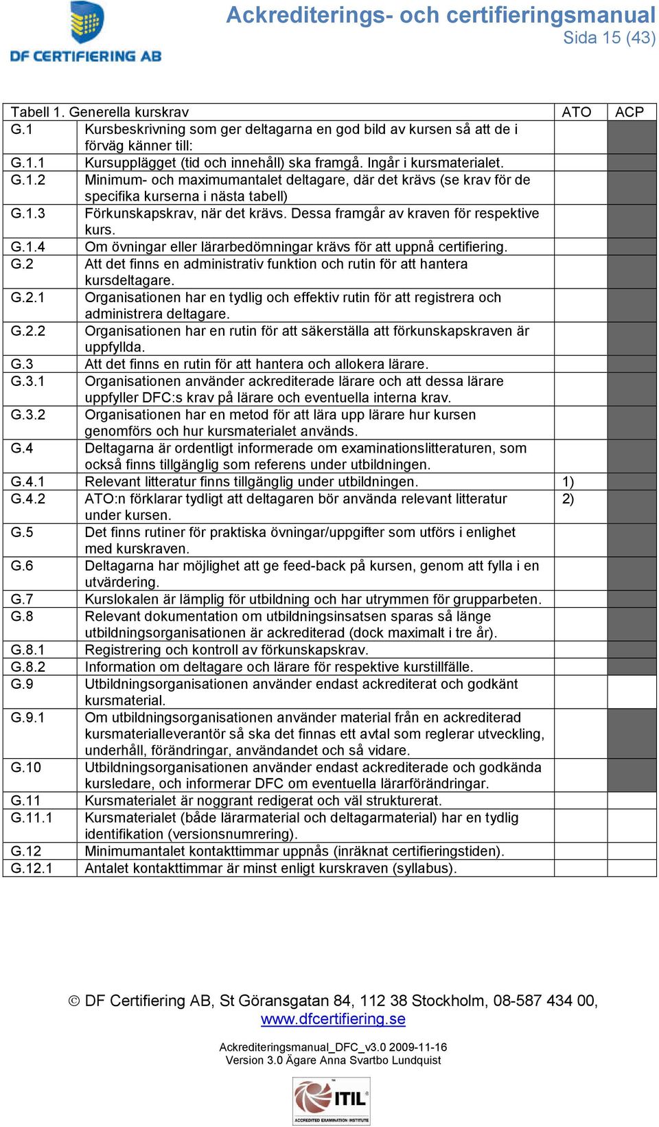 Dessa framgår av kraven för respektive kurs. G.1.4 Om övningar eller lärarbedömningar krävs för att uppnå certifiering. G.2 Att det finns en administrativ funktion och rutin för att hantera kursdeltagare.