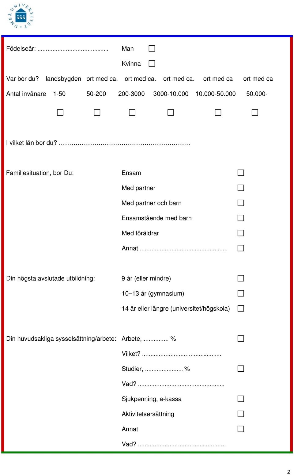 Familjesituation, bor Du: Ensam Med partner Med partner och barn Ensamstående med barn Med föräldrar Annat.