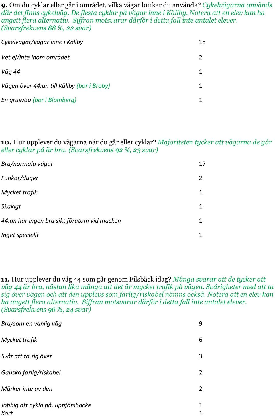 (Svarsfrekvens 88 %, 22 svar) Cykelvägar/vägar inne i Källby 18 Vet ej/inte inom området 2 Väg 44 1 Vägen över 44:an till Källby (bor i Broby) 1 En grusväg (bor i Blomberg) 1 10.