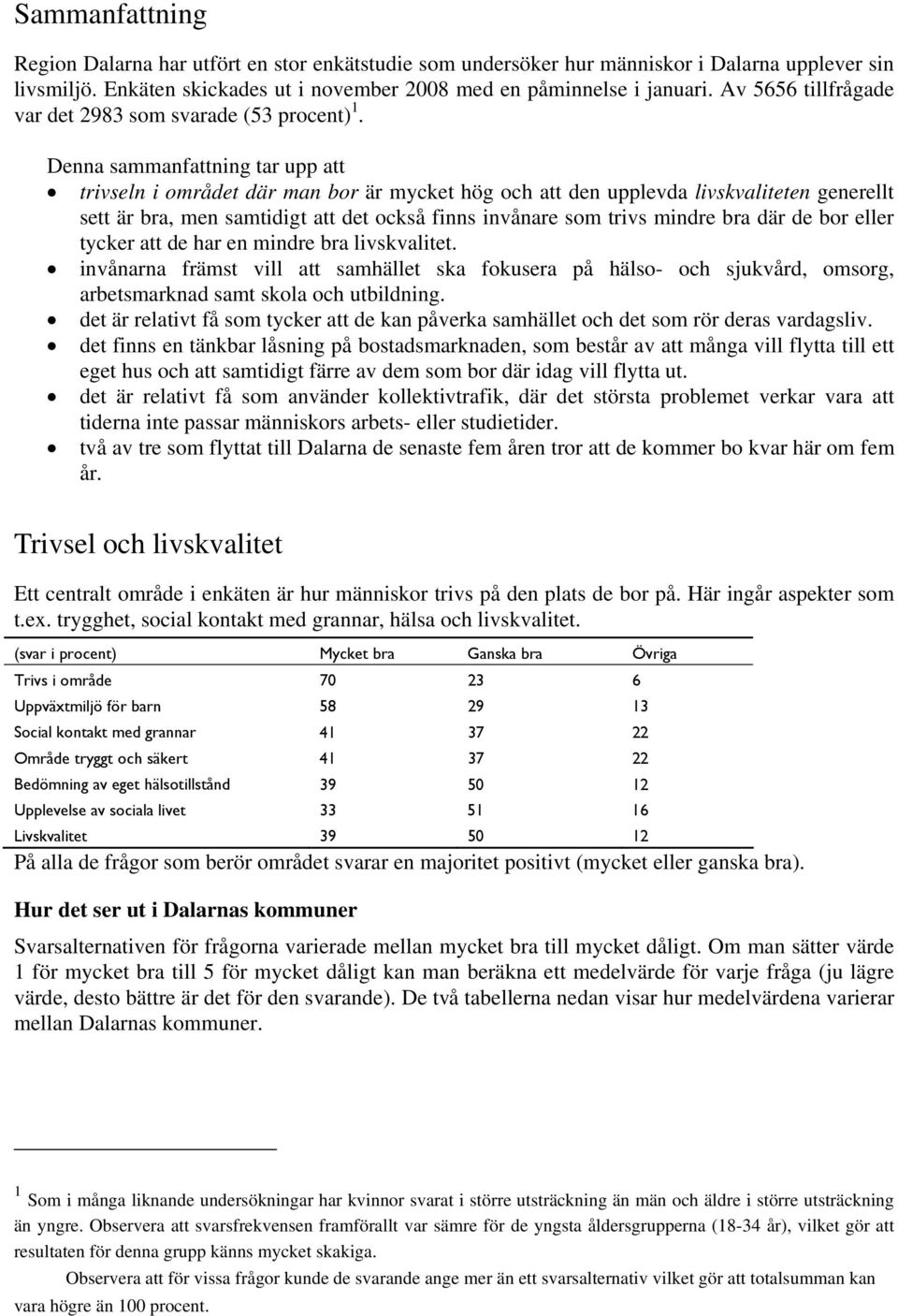 Denna sammanfattning tar upp att trivseln i området där man bor är mycket hög och att den upplevda livskvaliteten generellt sett är bra, men samtidigt att det också finns invånare som trivs mindre