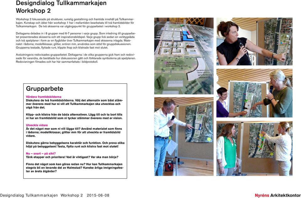 Deltagarna delades in i 8 grupper med 6-7 personer i varje grupp. Som inledning till grupparbetet presenterades skisserna och ett inspirationsbildspel.