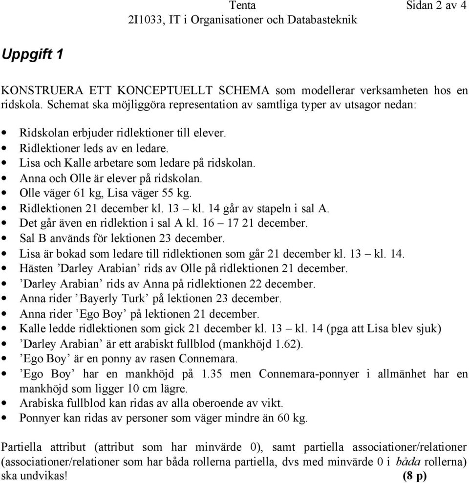 Anna och Olle är elever på ridskolan. Olle väger 6 kg, Lisa väger 55 kg. Ridlektionen 2 december kl. 3 kl. 4 går av stapeln i sal A. Det går även en ridlektion i sal A kl. 6 7 2 december.