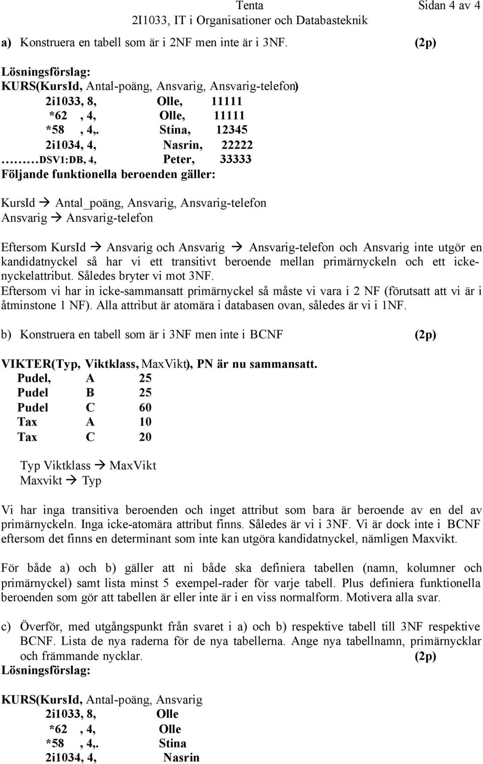 och Ansvarig Ansvarig-telefon och Ansvarig inte utgör en kandidatnyckel så har vi ett transitivt beroende mellan primärnyckeln och ett ickenyckelattribut. Således bryter vi mot 3NF.