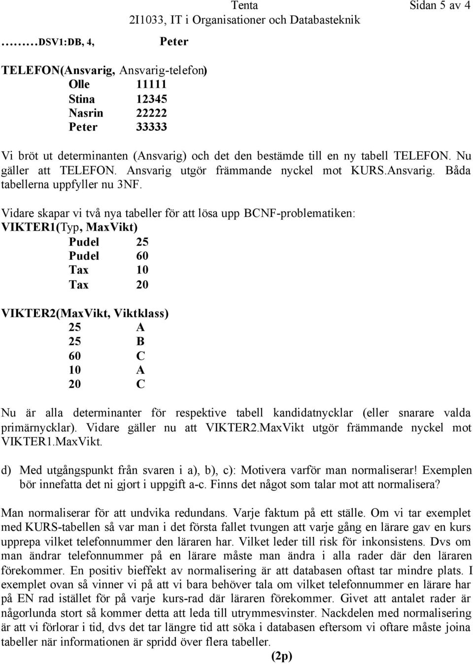 Vidare skapar vi två nya tabeller för att lösa upp BCNF-problematiken: VIKTER(Typ, MaxVikt) Pudel 25 Pudel 60 Tax 0 Tax 20 VIKTER2(MaxVikt, Viktklass) 25 A 25 B 60 C 0 A 20 C Nu är alla determinanter