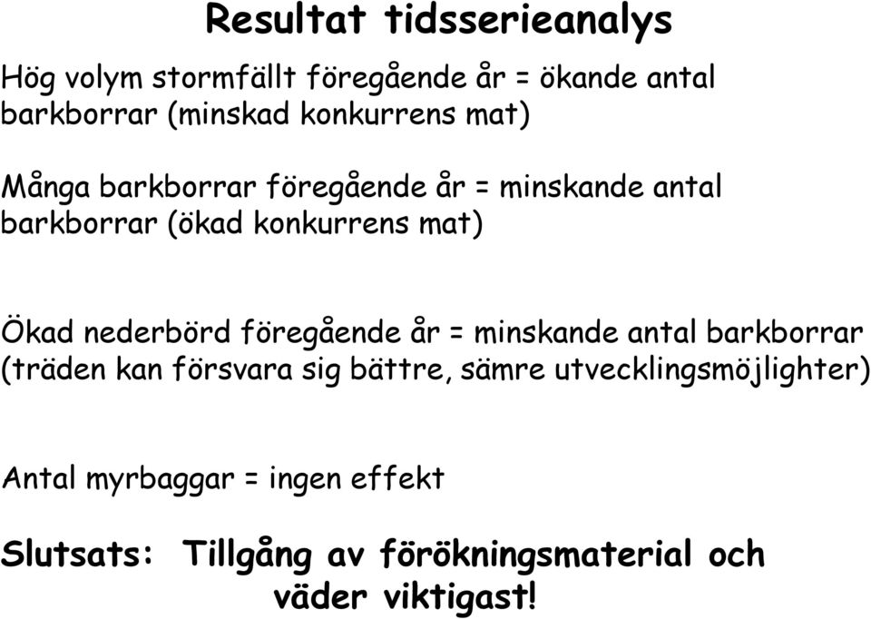 Ökad nederbörd föregående år = minskande antal barkborrar (träden kan försvara sig bättre, sämre