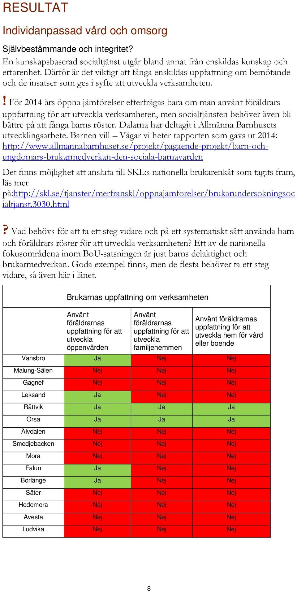 ! För 2014 års öppna jämförelser efterfrågas bara om man använt föräldrars uppfattning för att utveckla verksamheten, men socialtjänsten behöver även bli bättre på att fånga barns röster.