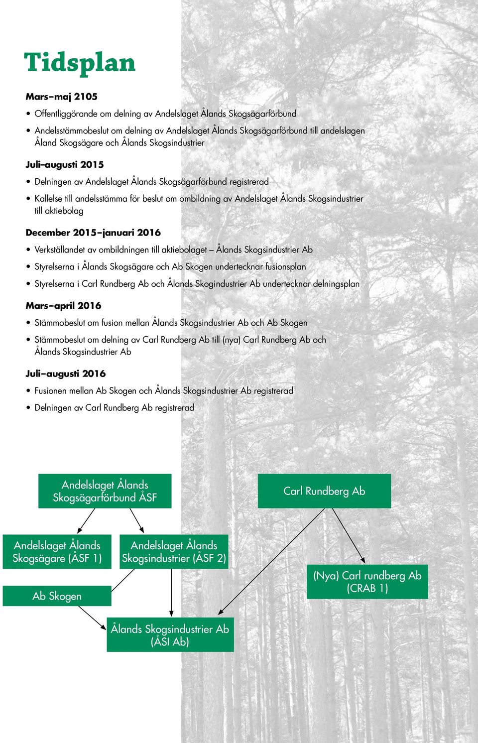 aktiebolag December 2015 januari 2016 Verkställandet av ombildningen till aktiebolaget Ålands Skogsindustrier Ab Styrelserna i Ålands Skogsägare och Ab Skogen undertecknar fusionsplan Styrelserna i
