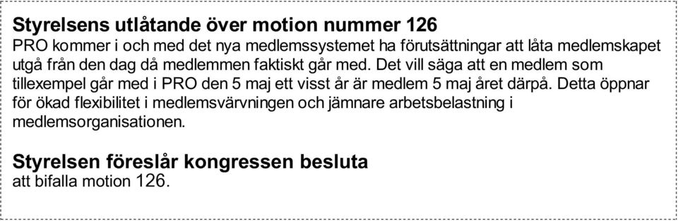 Det vill säga att en medlem som tillexempel går med i PRO den 5 maj ett visst år är medlem 5 maj året därpå.