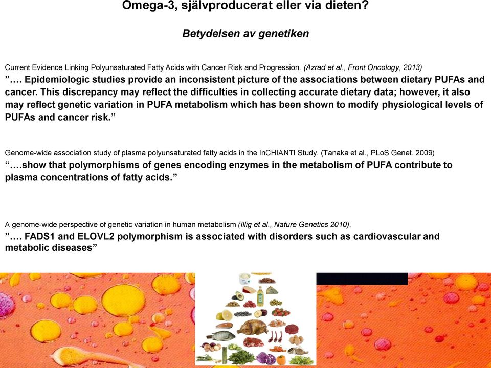 This discrepancy may reflect the difficulties in collecting accurate dietary data; however, it also may reflect genetic variation in PUFA metabolism which has been shown to modify physiological