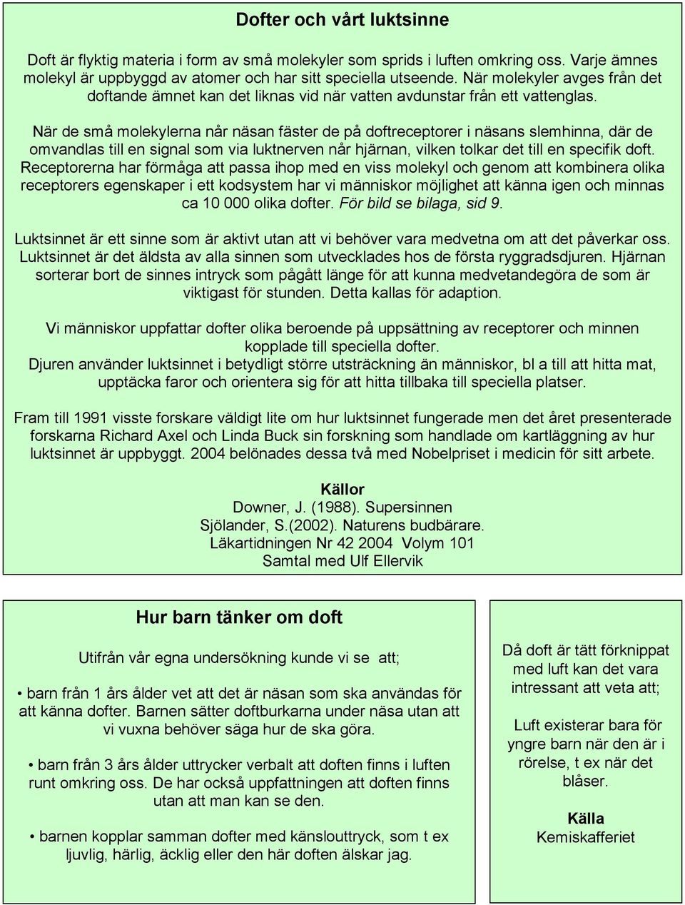 När de små molekylerna når näsan fäster de på doftreceptorer i näsans slemhinna, där de omvandlas till en signal som via luktnerven når hjärnan, vilken tolkar det till en specifik doft.