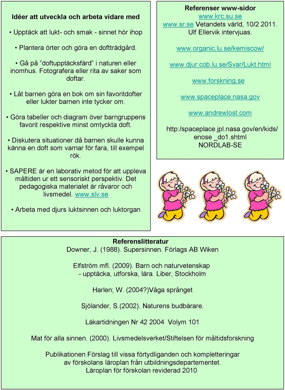 Göra tabeller och diagram över barngruppens favorit respektive minst omtyckta doft. Diskutera situationer då barnen skulle kunna känna en doft som varnar för fara, till exempel rök.
