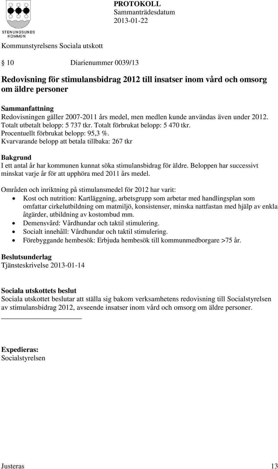 Kvarvarande belopp att betala tillbaka: 267 tkr Bakgrund I ett antal har kommunen kunnat söka stimulansbidrag för äldre. Beloppen har successivt minskat varje för att upphöra med 2011 s medel.