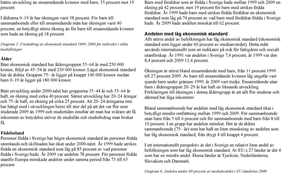 Förändring av ekonomisk standard 1999 2009 för individer i olika hushållstyper Ålder Bäst ekonomisk standard har åldersgruppen 55 64 år med 250 000 kronor, följd av 45 54 år med 230 000 kronor.