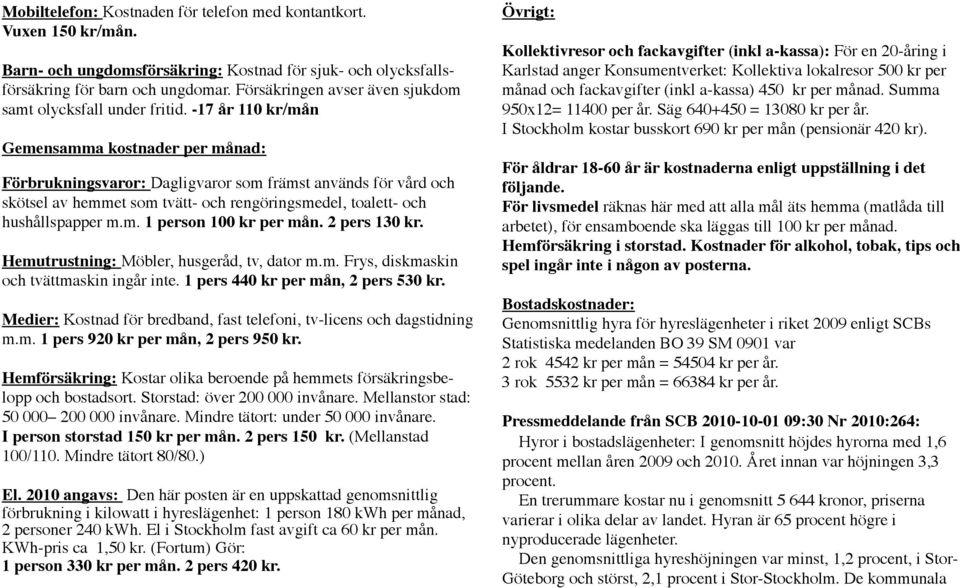 -17 år 110 kr/mån Gemensamma kostnader per månad: Förbrukningsvaror: Dagligvaror som främst används för vård och skötsel av hemmet som tvätt- och rengöringsmedel, toalett- och hushållspapper m.m. 1 person 100 kr per mån.
