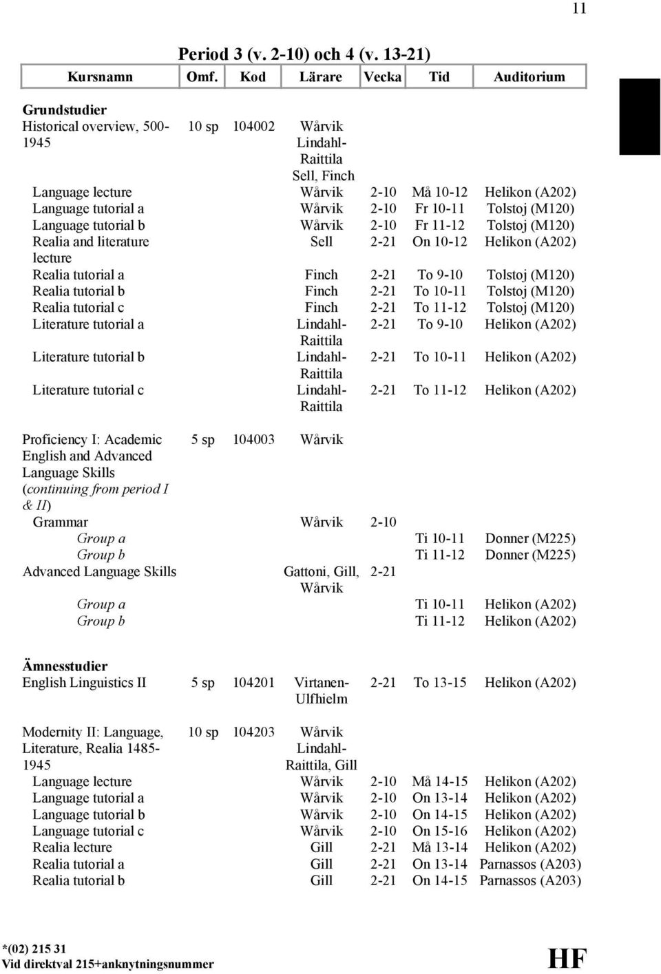 (M120) Language tutorial b Wårvik 2-10 Fr 11-12 Tolstoj (M120) Realia and literature Sell 2-21 On Helikon (A202) lecture Realia tutorial a Finch 2-21 To 9-10 Tolstoj (M120) Realia tutorial b Finch