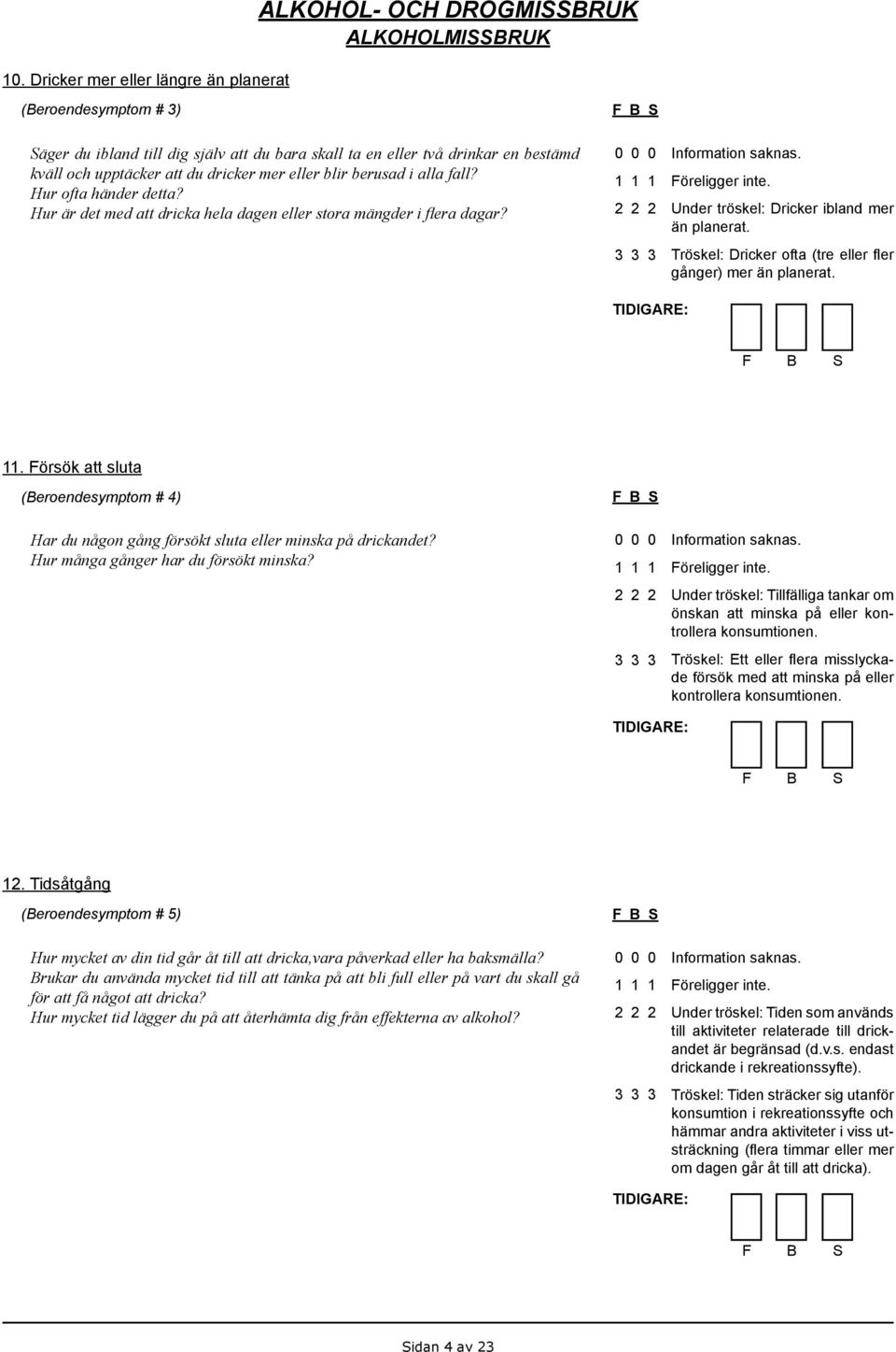 Tröskel: Dricker ofta (tre eller fler gånger) mer än planerat. 11. Försök att sluta (Beroendesymptom # 4) Har du någon gång försökt sluta eller minska på drickandet?