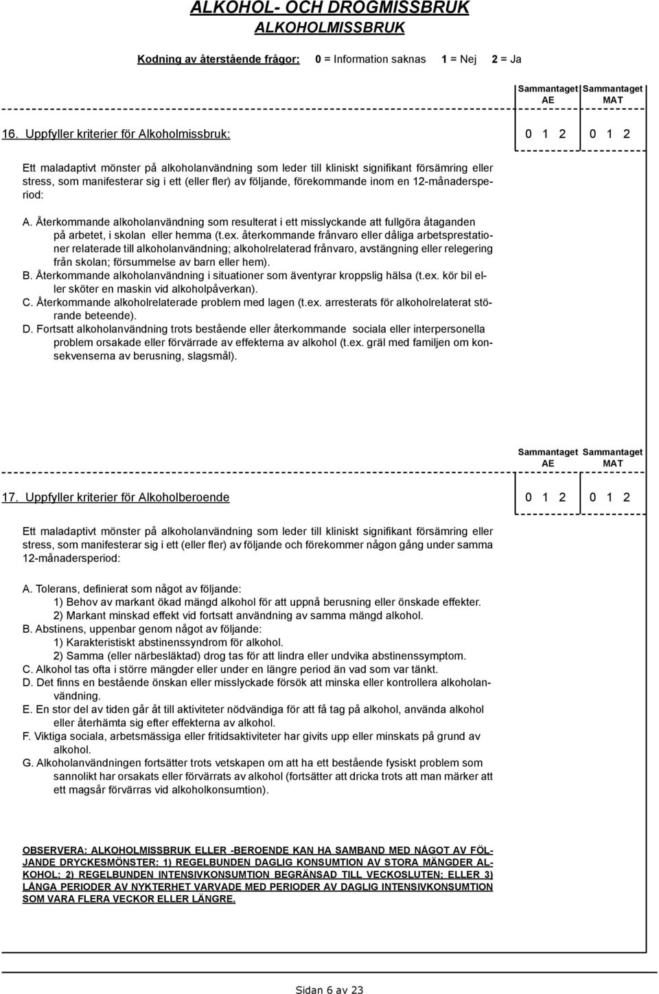 förekommande inom en 12-månadersperiod: A. Återkommande alkoholanvändning som resulterat i ett misslyckande att fullgöra åtaganden på arbetet, i skolan eller hemma (t.ex.