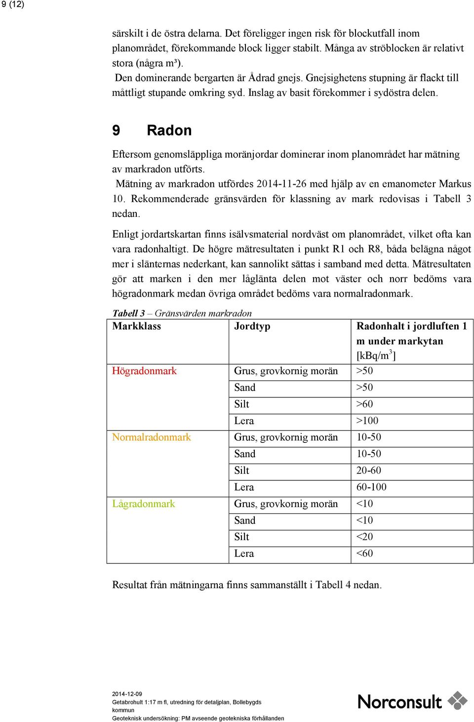 9 Radon Eftersom genomsläppliga moränjordar dominerar inom planområdet har mätning av markradon utförts. Mätning av markradon utfördes 2014-11-26 med hjälp av en emanometer Markus 10.