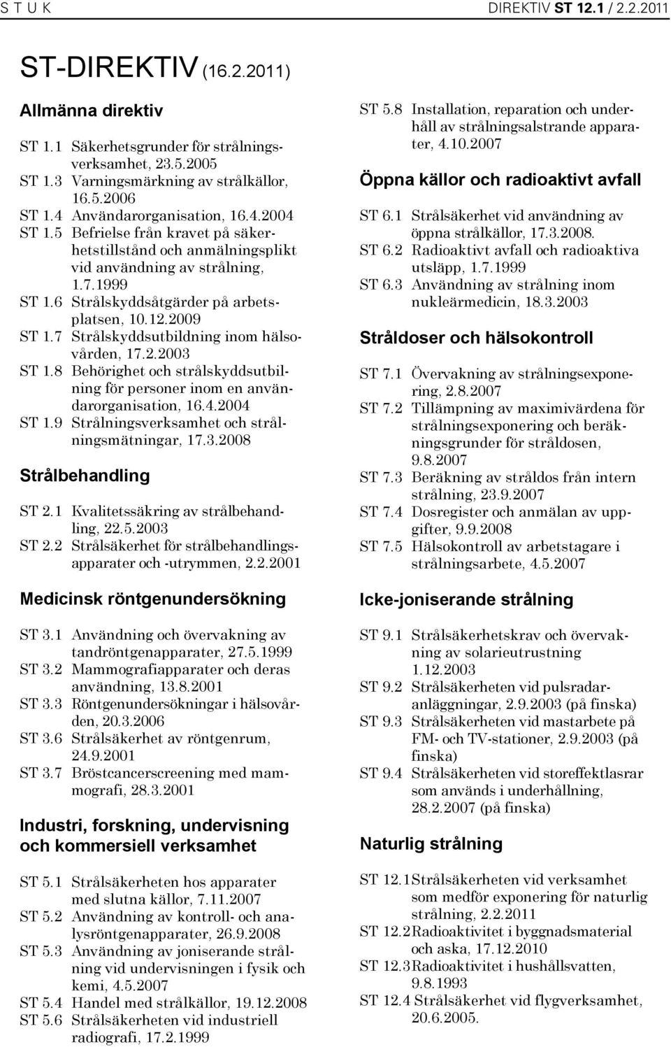 2009 ST 1.7 Strålskyddsutbildning inom hälsovården, 17.2.2003 ST 1.8 Behörighet och strålskyddsutbilning för personer inom en användarorganisation, 16.4.2004 ST 1.