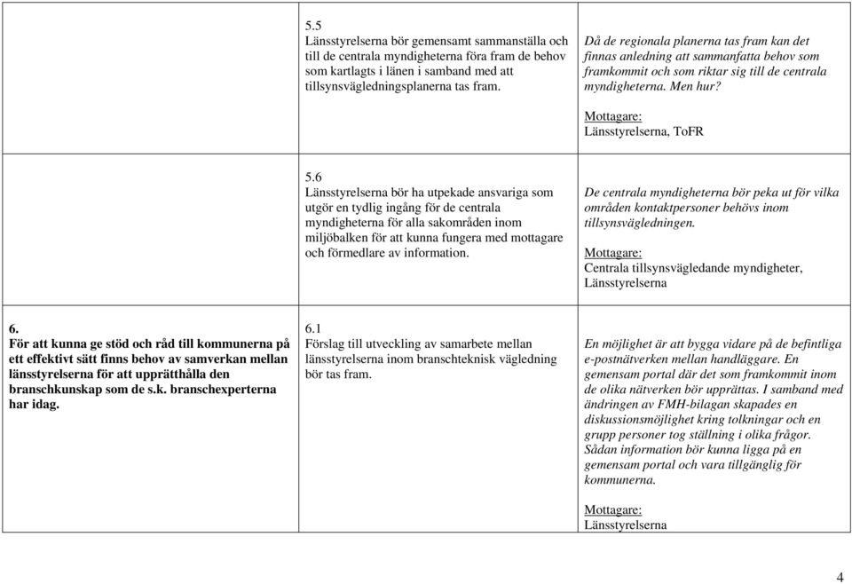 6 bör ha utpekade ansvariga som utgör en tydlig ingång för de centrala myndigheterna för alla sakområden inom miljöbalken för att kunna fungera med mottagare och förmedlare av information.