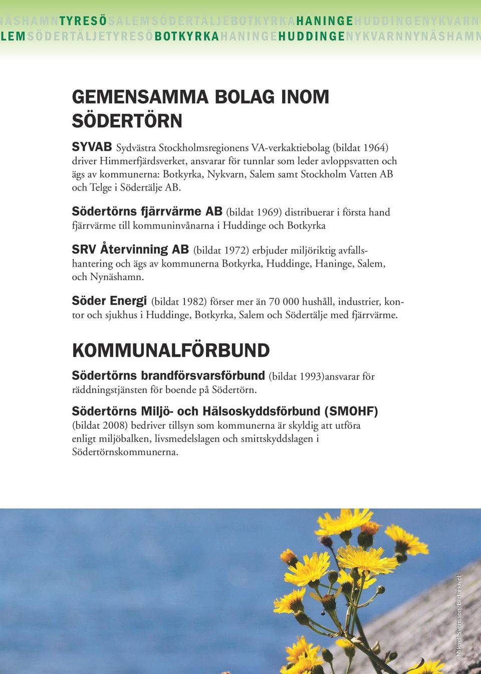 AB. Södertörns fjärrvärme AB (bildat 1969) distribuerar i första hand fjärrvärme till kommuninvånarna i Huddinge och Botkyrka SRV Återvinning AB (bildat 1972) erbjuder miljöriktig avfallshantering
