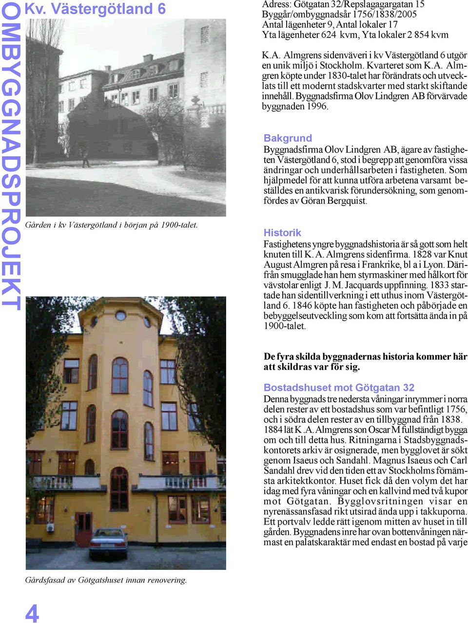 Kvarteret som K.A. Almgren köpte under 8-talet har förändrats och utvecklats till ett modernt stadskvarter med starkt skiftande innehåll. Byggnadsfirma Olov Lindgren AB förvärvade byggnaden 996.