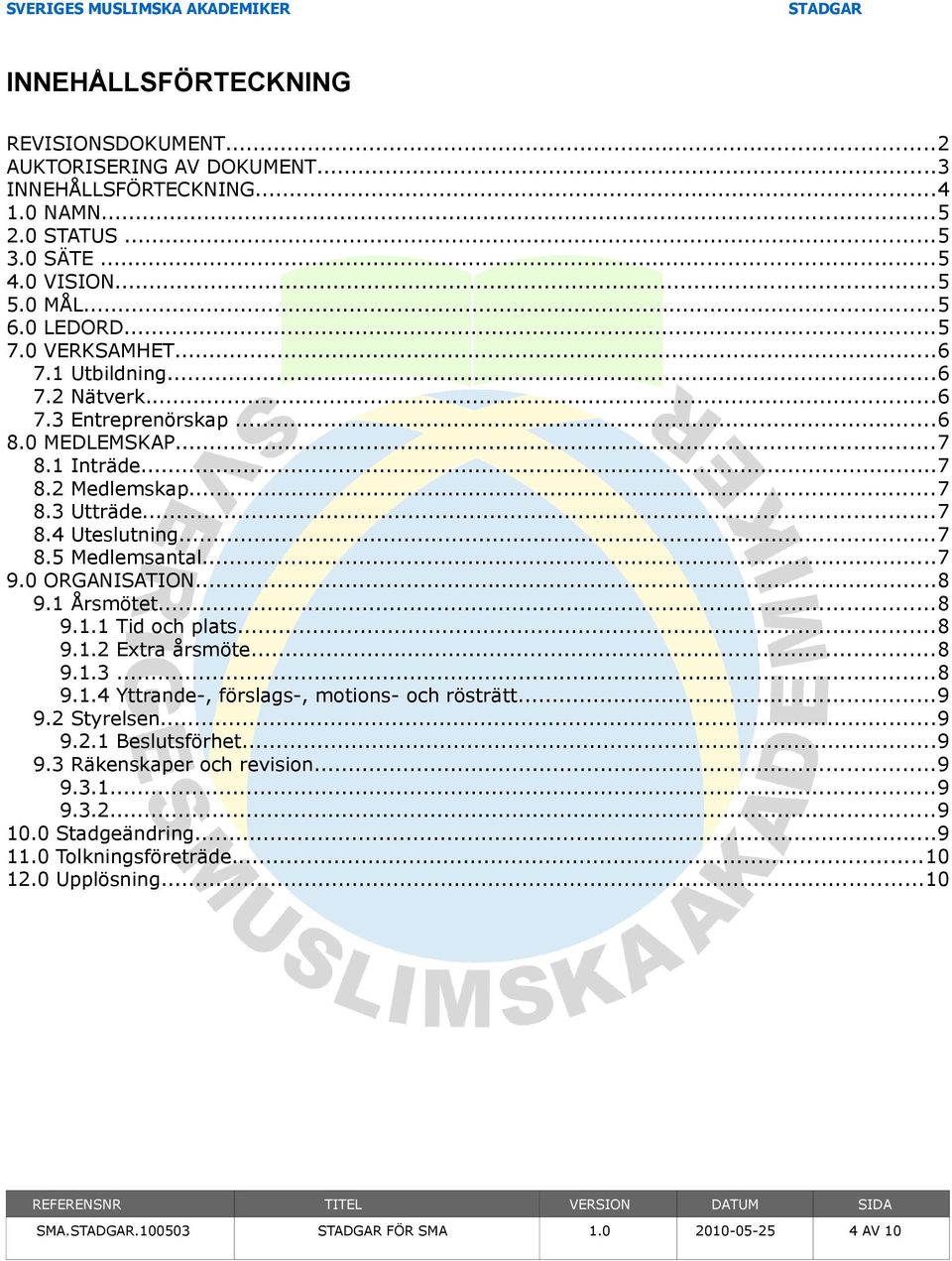 ..7 9.0 ORGANISATION...8 9.1 Årsmötet...8 9.1.1 Tid och plats...8 9.1.2 Extra årsmöte...8 9.1.3...8 9.1.4 Yttrande-, förslags-, motions- och rösträtt...9 9.2 Styrelsen...9 9.2.1 Beslutsförhet.