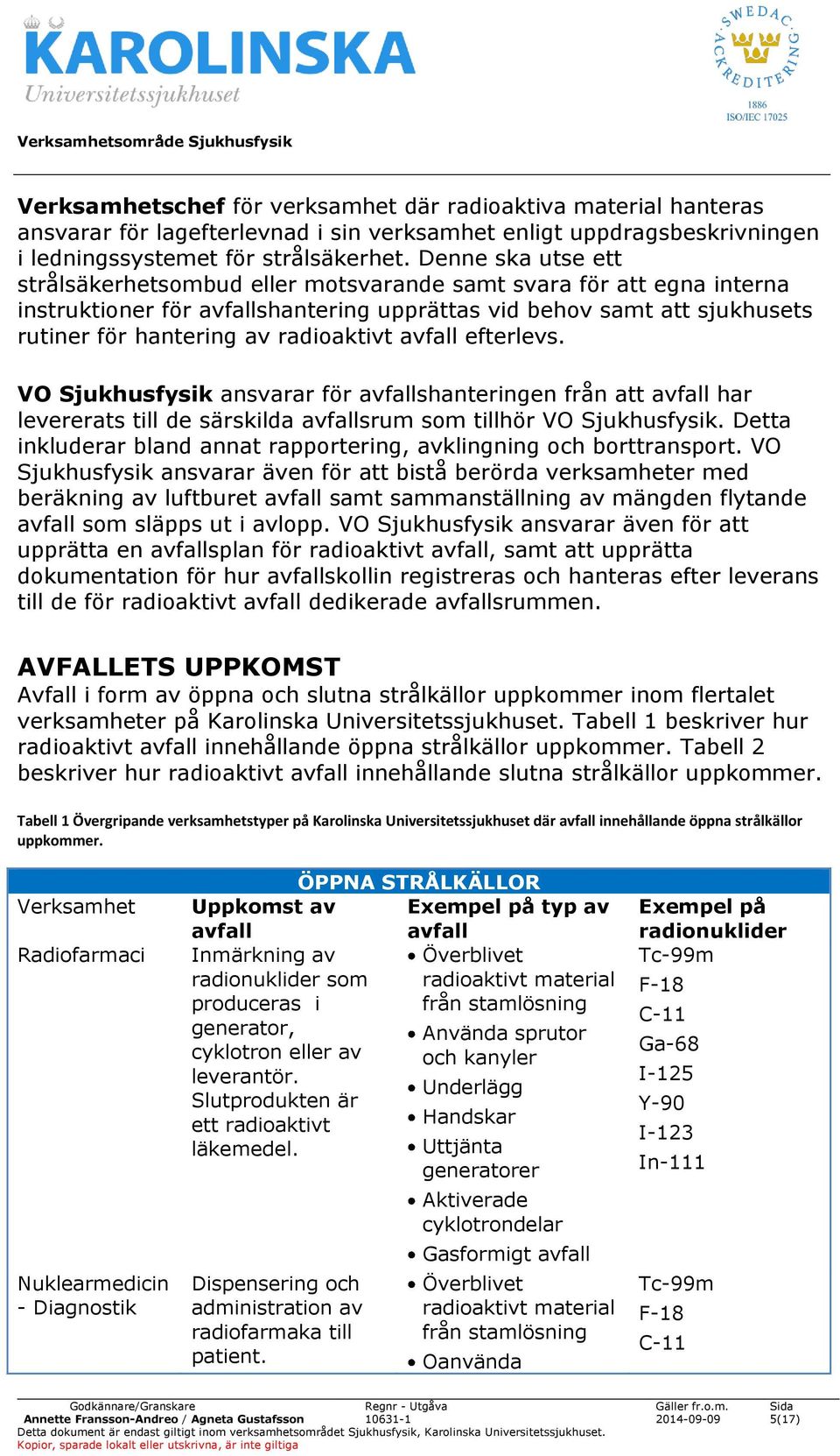 radioaktivt avfall efterlevs. VO Sjukhusfysik ansvarar för avfallshanteringen från att avfall har levererats till de särskilda avfallsrum som tillhör VO Sjukhusfysik.