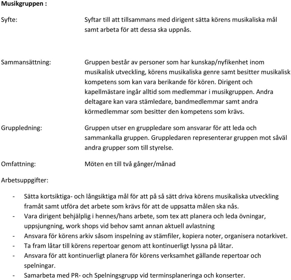 Dirigent och kapellmästare ingår alltid som medlemmar i musikgruppen. Andra deltagare kan vara stämledare, bandmedlemmar samt andra körmedlemmar som besitter den kompetens som krävs.