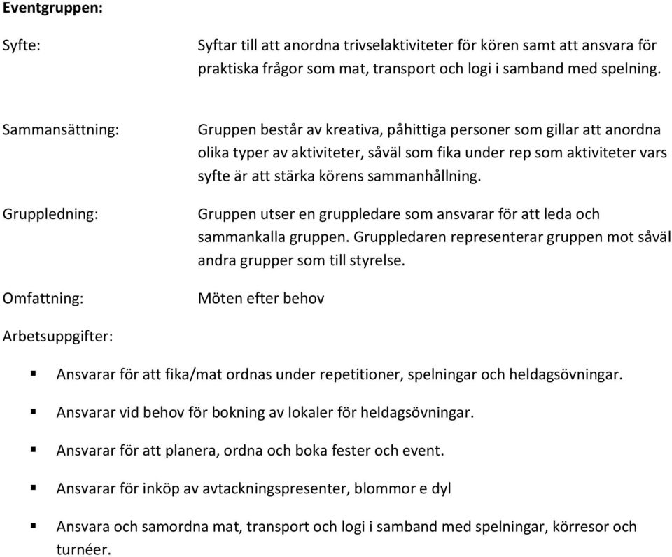 sammanhållning. Möten efter behov Ansvarar för att fika/mat ordnas under repetitioner, spelningar och heldagsövningar.