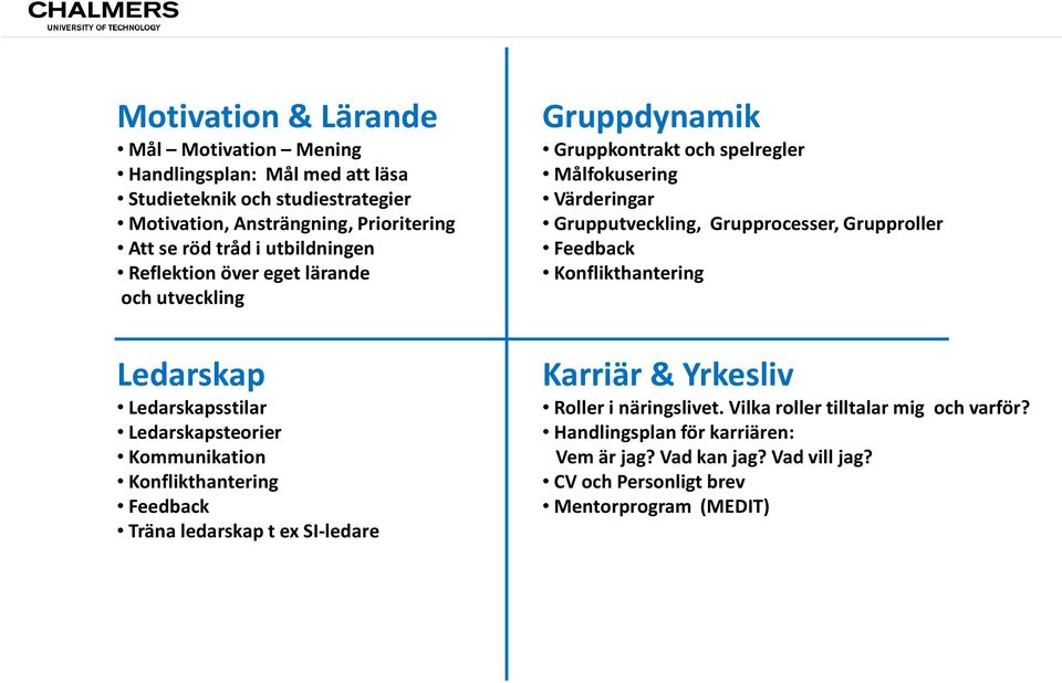 SI-ledare Gruppdynamik Gruppkontrakt och spelregler Målfokusering Värderingar Grupputveckling, Grupprocesser, Grupproller Feedback Konflikthantering Karriär & Yrkesliv